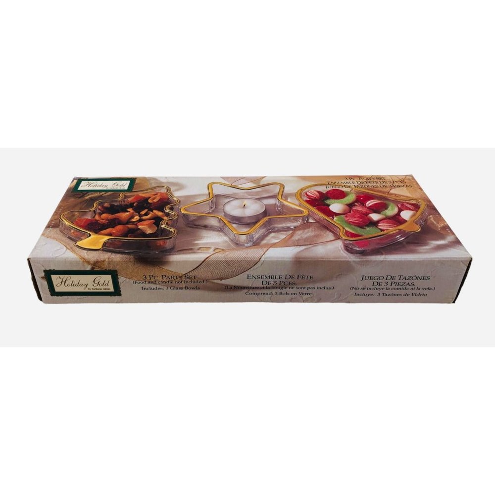 Holiday Gold Indiana Glass Christmas Candy Serving Dish Candle Holder Set of 3 - Picture 4 of 10